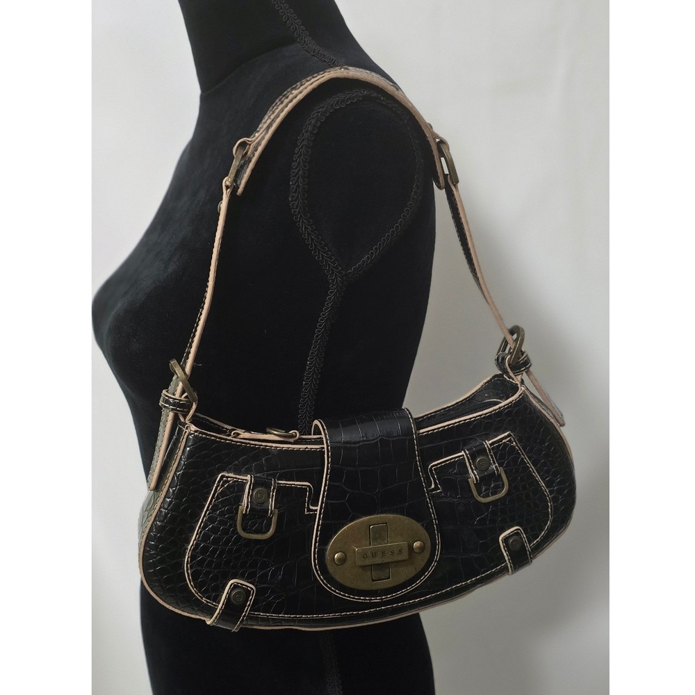 Y2K Vintage Guess shoulder bag women small black croc embossed faux leather